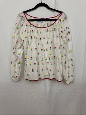 Tuckernuck White Floral Peasant Blouse with Pink Trim
